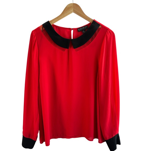 Forever 21+ Red Blouse Sheer Peter Pan Collar Chic Classy Plus XL NWOT Career - Picture 1 of 13